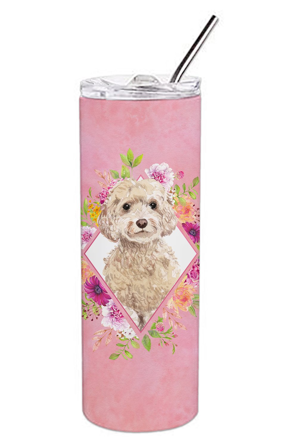 Champagne Cockapoo Pink Flowers Double Walled Stainless Steel 20 oz Skinny Tumbler CK4246TBL20 by Caroline&#39;s Treasures