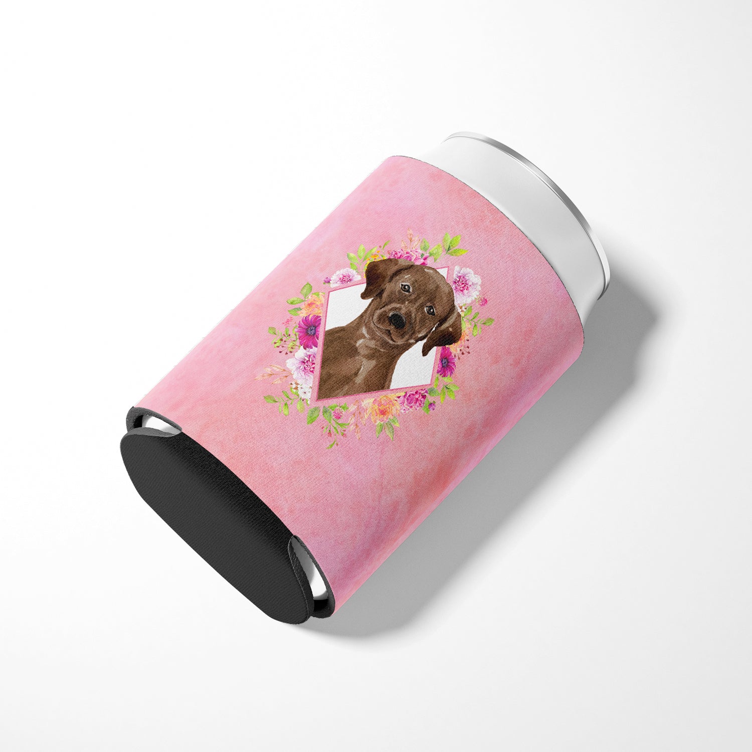 Chocolate Labrador Pink Flowers Can or Bottle Hugger CK4251CC  the-store.com.