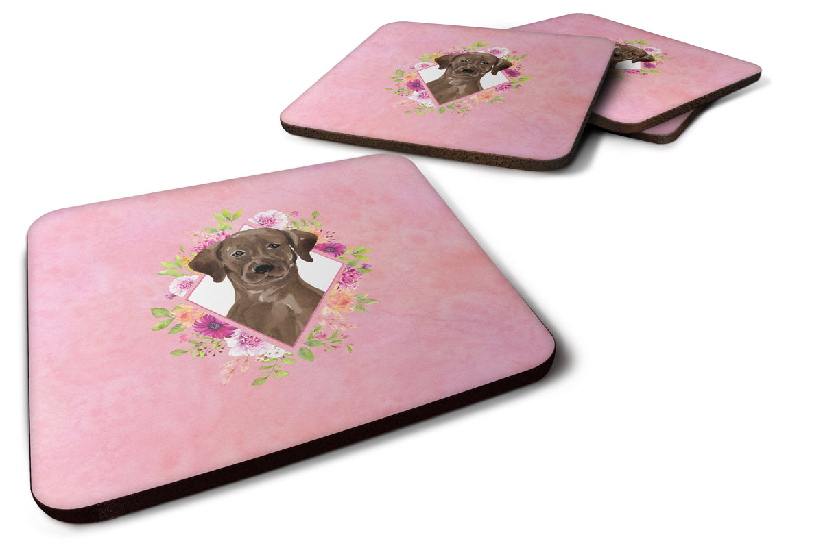 Set of 4 Chocolate Labrador Pink Flowers Foam Coasters Set of 4 CK4251FC - the-store.com