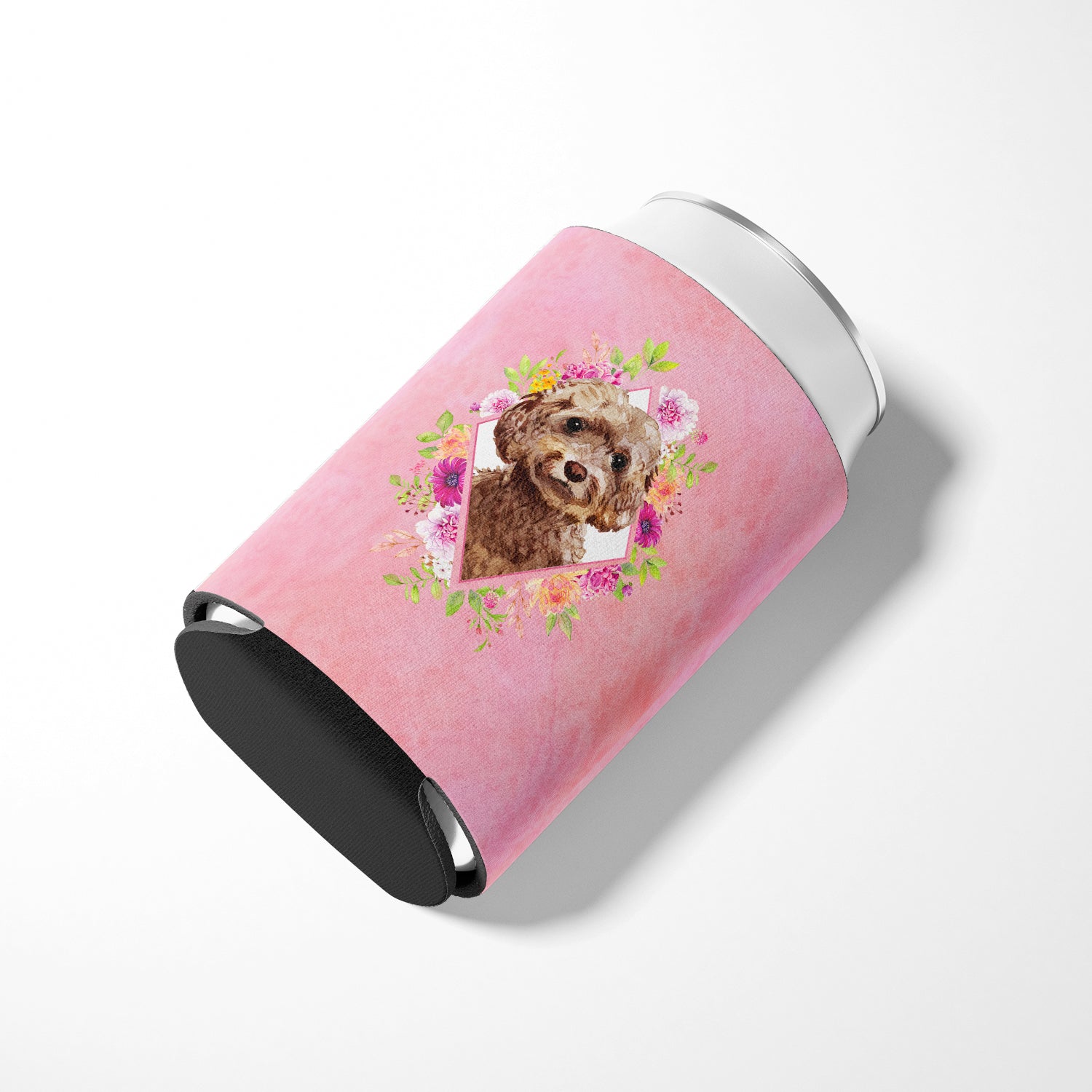 Chocolate Cockapoo Pink Flowers Can or Bottle Hugger CK4253CC  the-store.com.