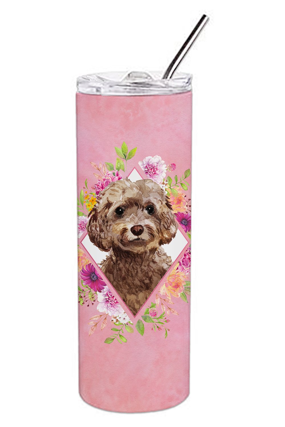 Chocolate Cockapoo Pink Flowers Double Walled Stainless Steel 20 oz Skinny Tumbler CK4253TBL20 by Caroline&#39;s Treasures