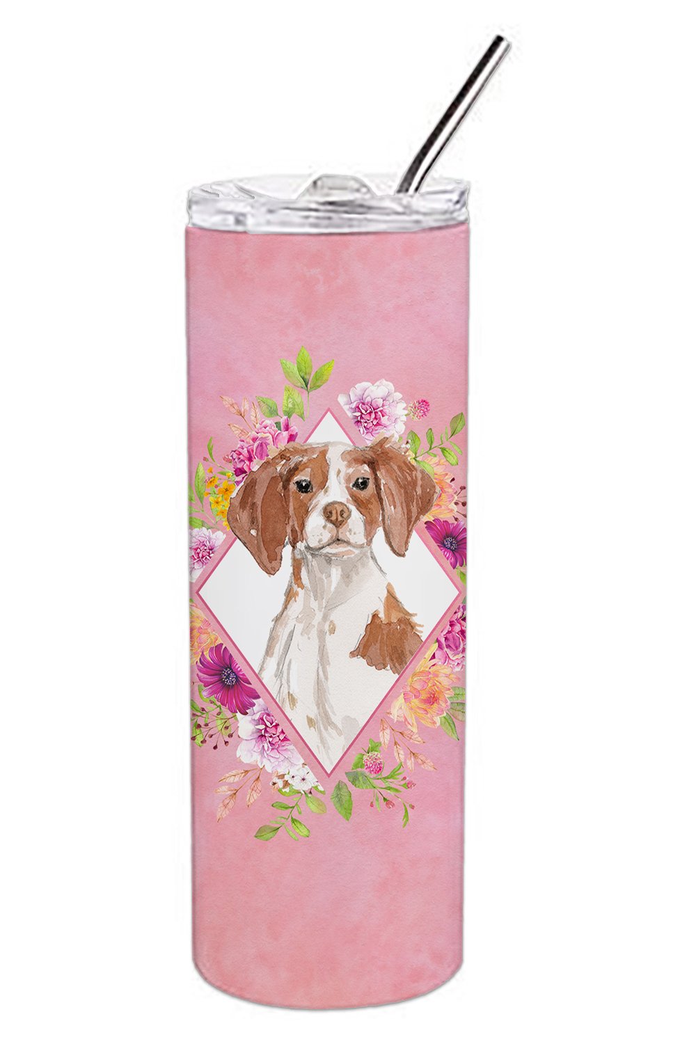 Brittany Spaniel Pink Flowers Double Walled Stainless Steel 20 oz Skinny Tumbler CK4254TBL20 by Caroline&#39;s Treasures