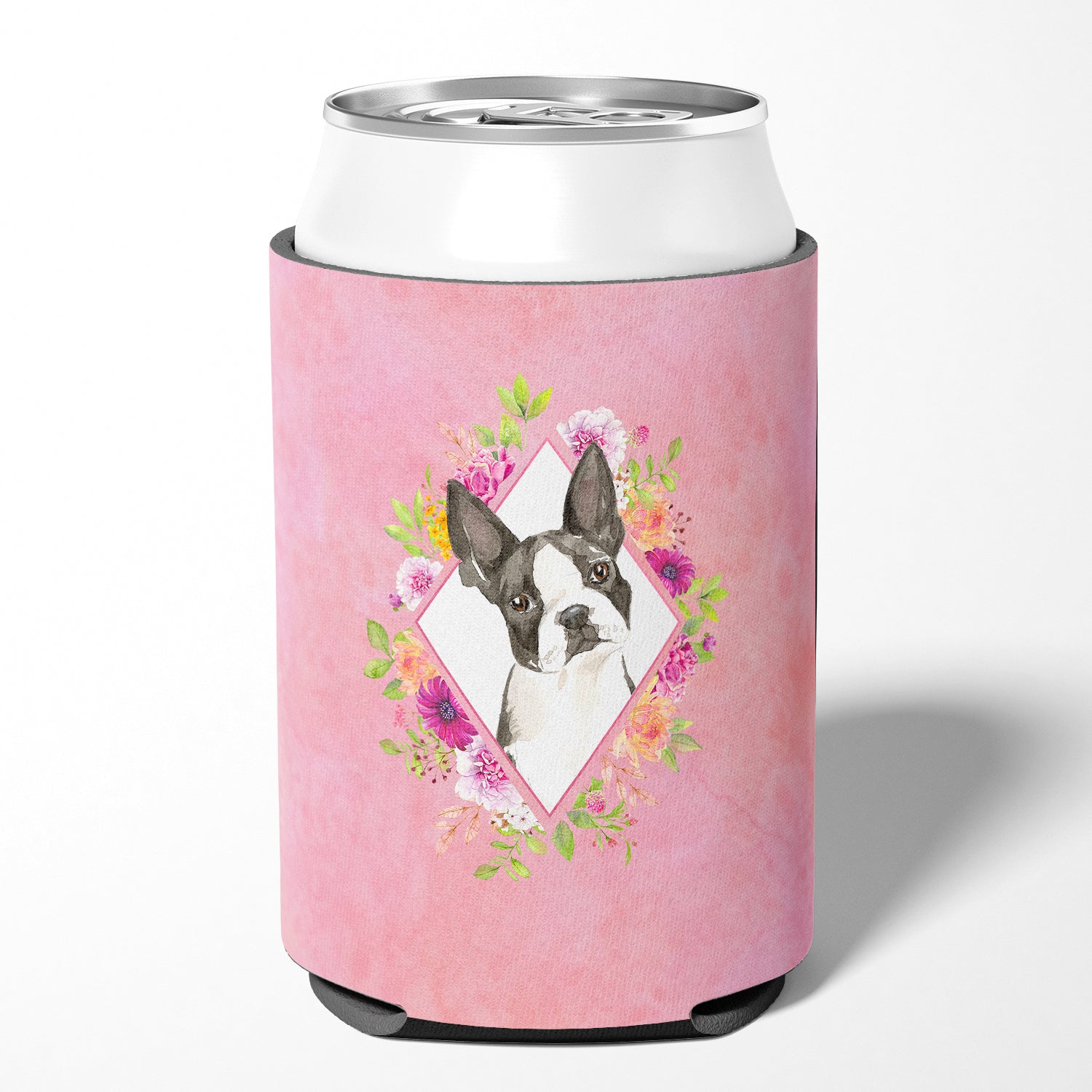 Boston Terrier Pink Flowers Can or Bottle Hugger CK4257CC  the-store.com.