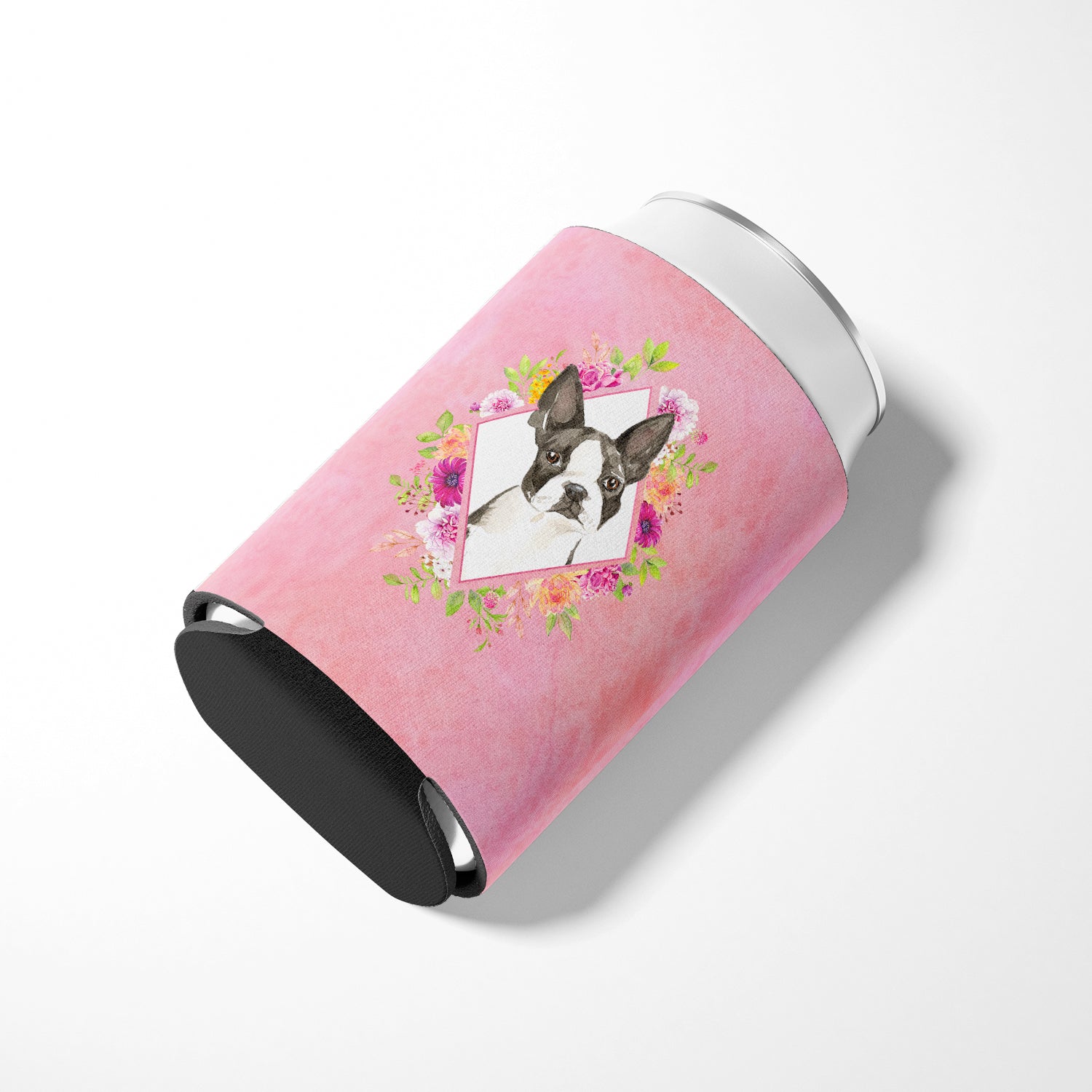 Boston Terrier Pink Flowers Can or Bottle Hugger CK4257CC