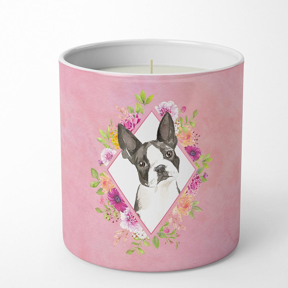 Boston Terrier Pink Flowers 10 oz Decorative Soy Candle CK4257CDL by Caroline&#39;s Treasures