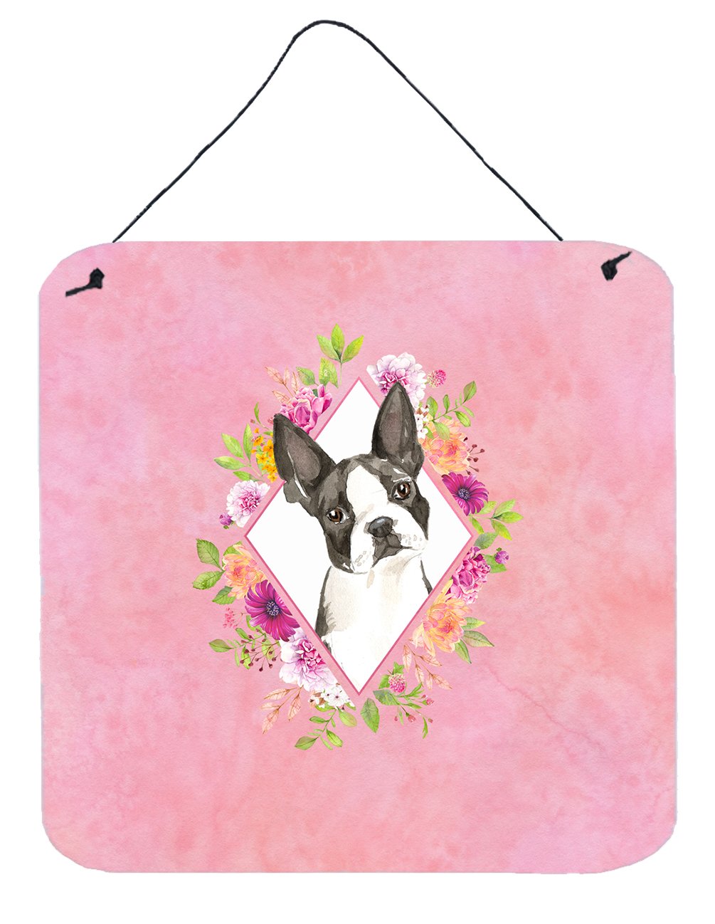 Boston Terrier Pink Flowers Wall or Door Hanging Prints CK4257DS66 by Caroline&#39;s Treasures