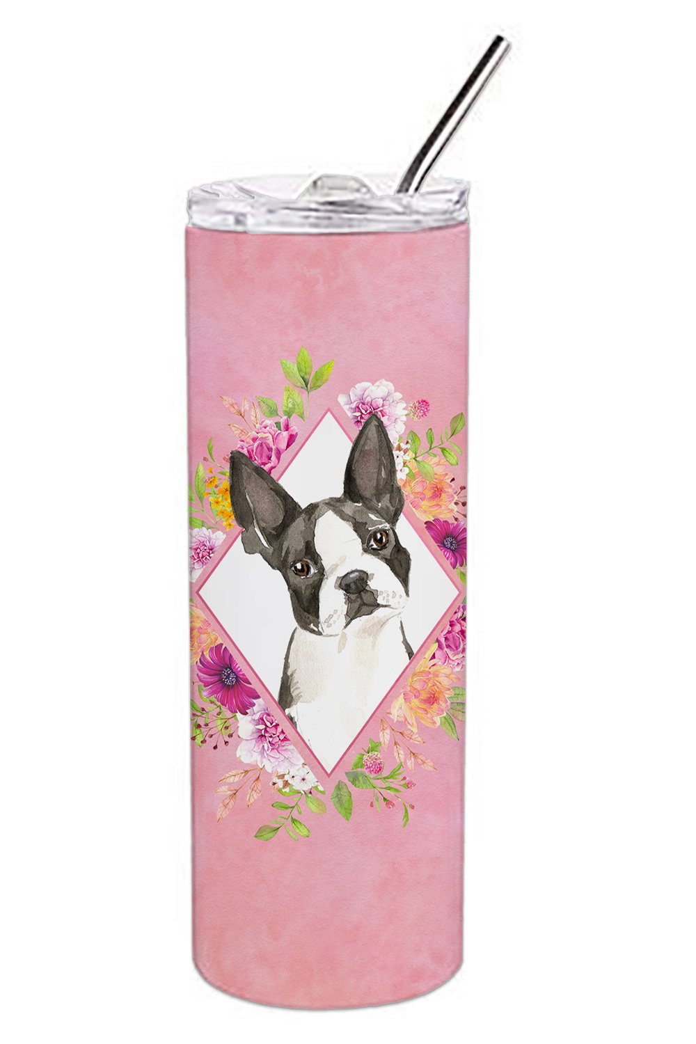 Boston Terrier Pink Flowers Double Walled Stainless Steel 20 oz Skinny Tumbler CK4257TBL20 by Caroline&#39;s Treasures