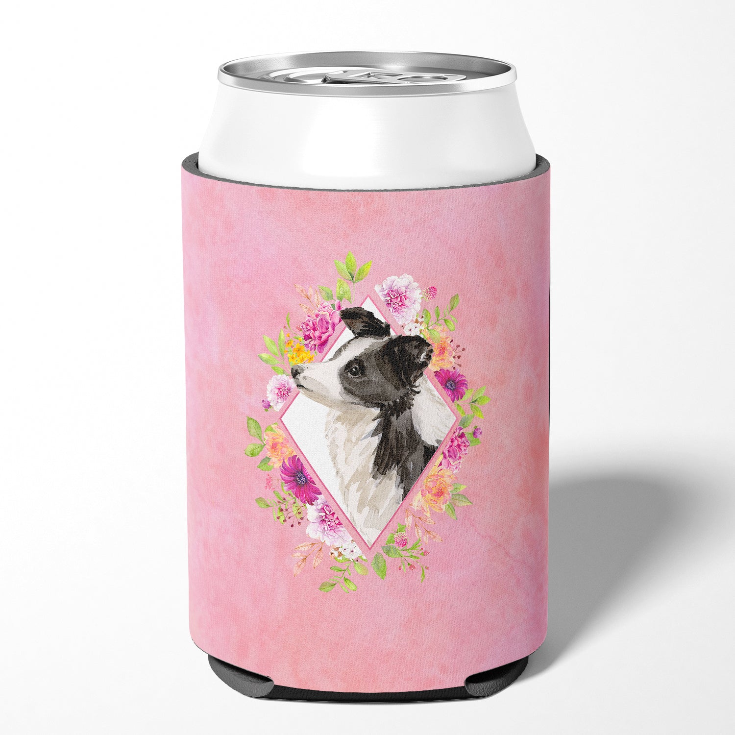 Border Collie Pink Flowers Can or Bottle Hugger CK4258CC  the-store.com.