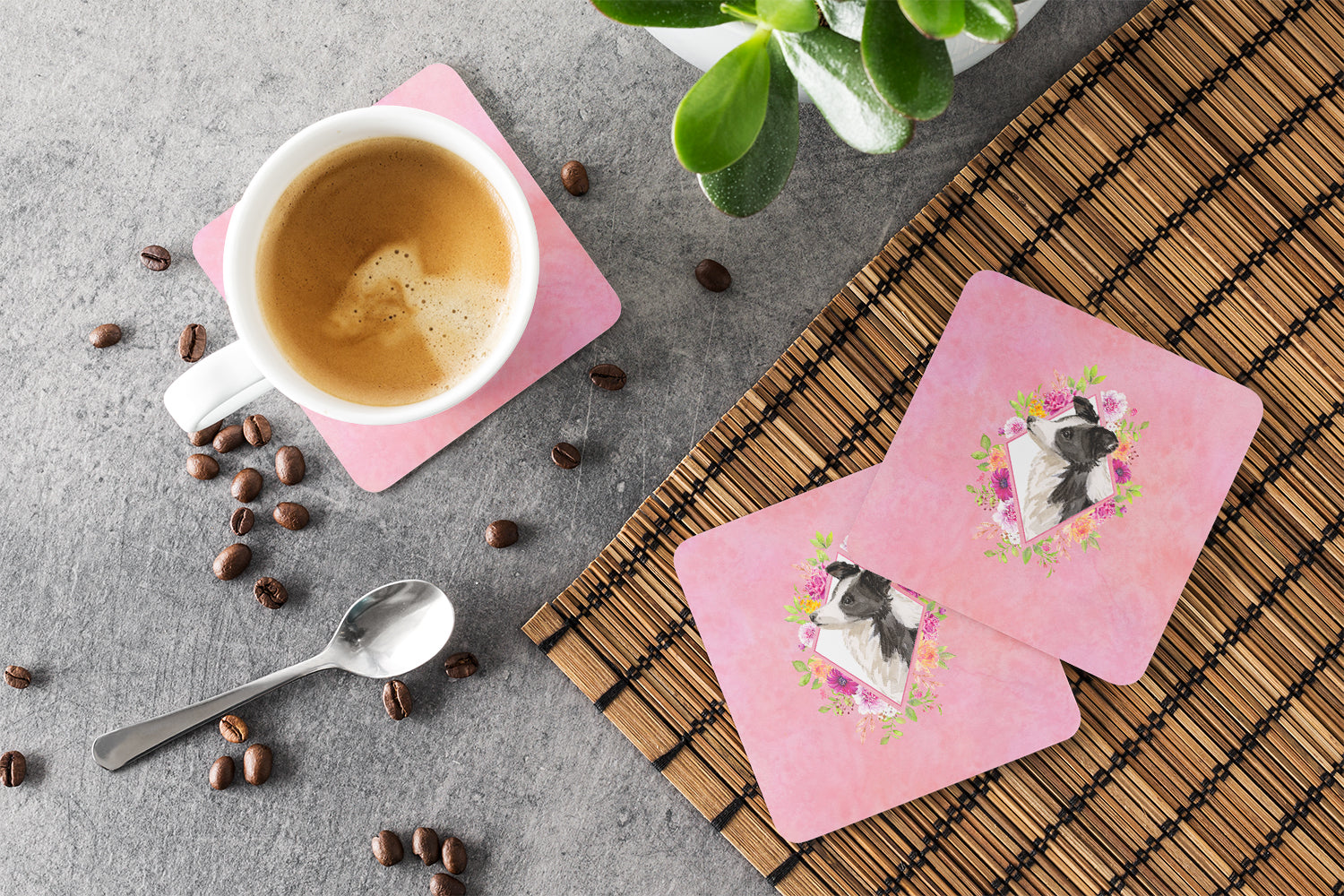 Set of 4 Border Collie Pink Flowers Foam Coasters Set of 4 CK4258FC - the-store.com