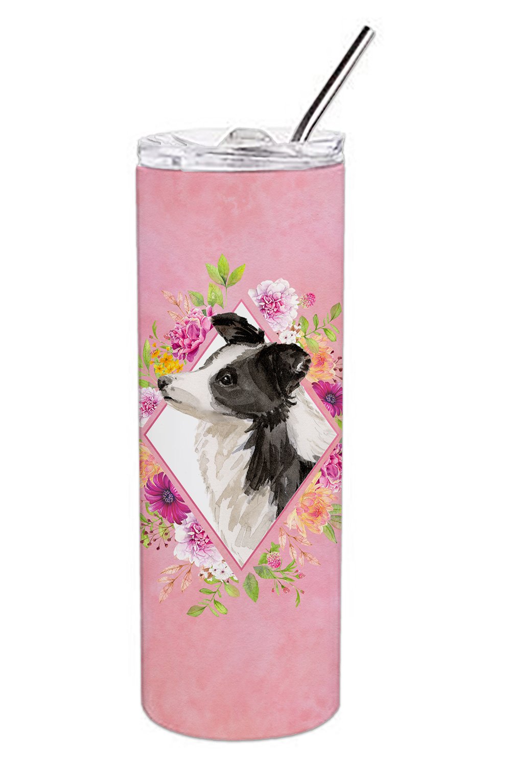 Border Collie Pink Flowers Double Walled Stainless Steel 20 oz Skinny Tumbler CK4258TBL20 by Caroline&#39;s Treasures