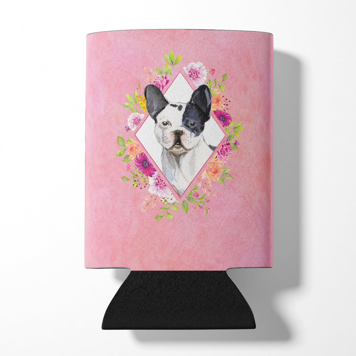 Black and White Frenchie Pink Flowers Can or Bottle Hugger CK4260CC