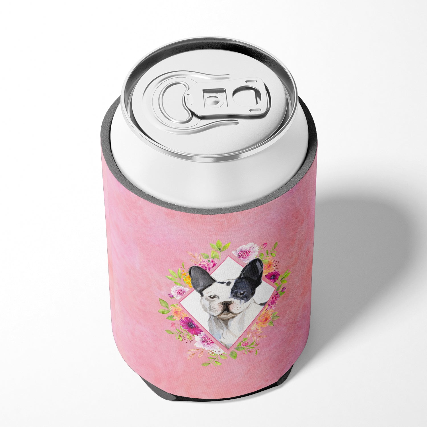 Black and White Frenchie Pink Flowers Can or Bottle Hugger CK4260CC  the-store.com.
