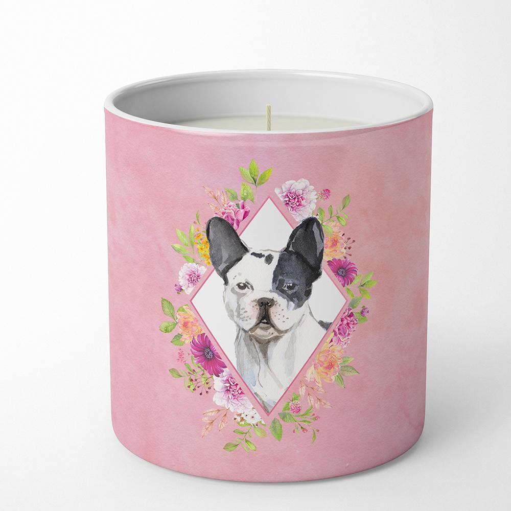 Black and White Frenchie Pink Flowers 10 oz Decorative Soy Candle CK4260CDL by Caroline's Treasures