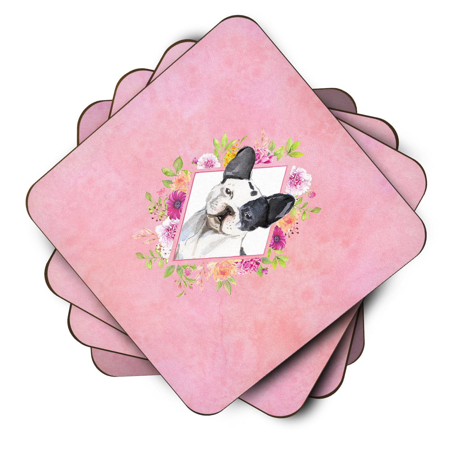 Set of 4 Black and White Frenchie Pink Flowers Foam Coasters Set of 4 CK4260FC - the-store.com