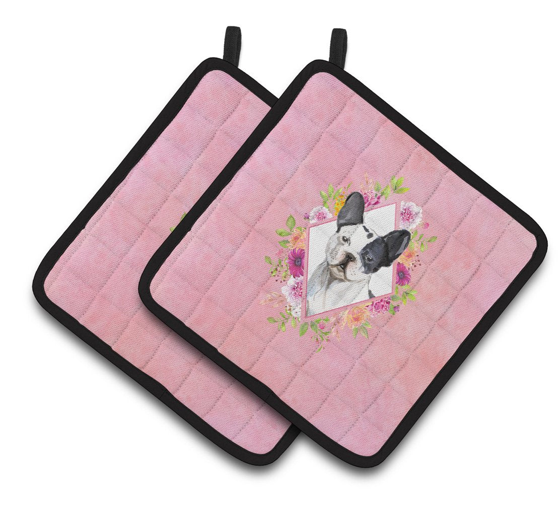 Black and White Frenchie Pink Flowers Pair of Pot Holders CK4260PTHD by Caroline's Treasures