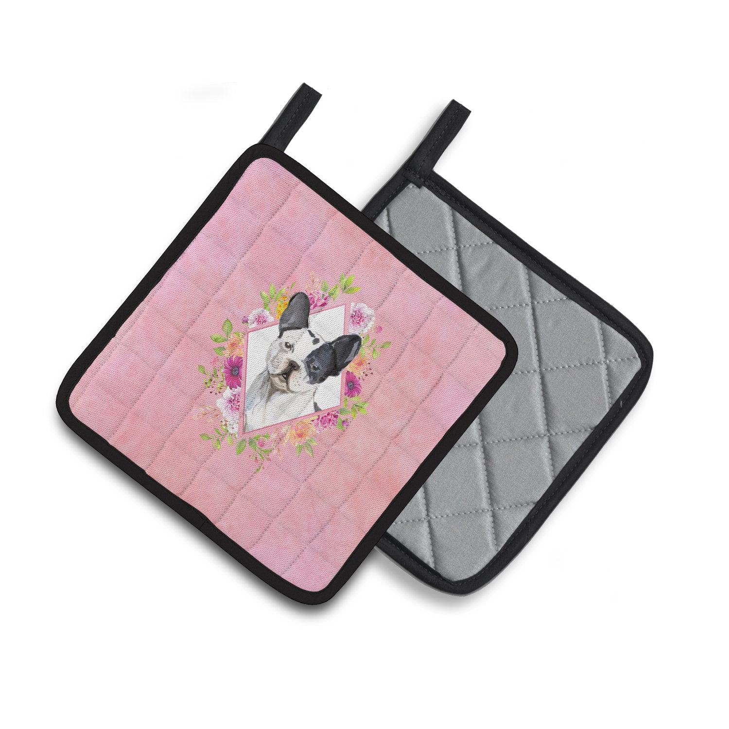 Black and White Frenchie Pink Flowers Pair of Pot Holders CK4260PTHD by Caroline's Treasures