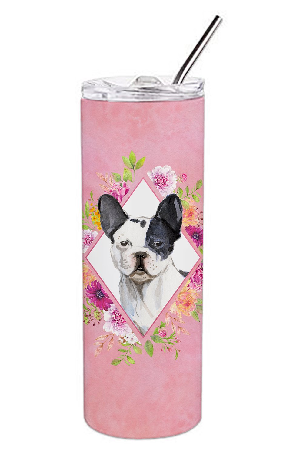 Black and White Frenchie Pink Flowers Double Walled Stainless Steel 20 oz Skinny Tumbler CK4260TBL20 by Caroline&#39;s Treasures