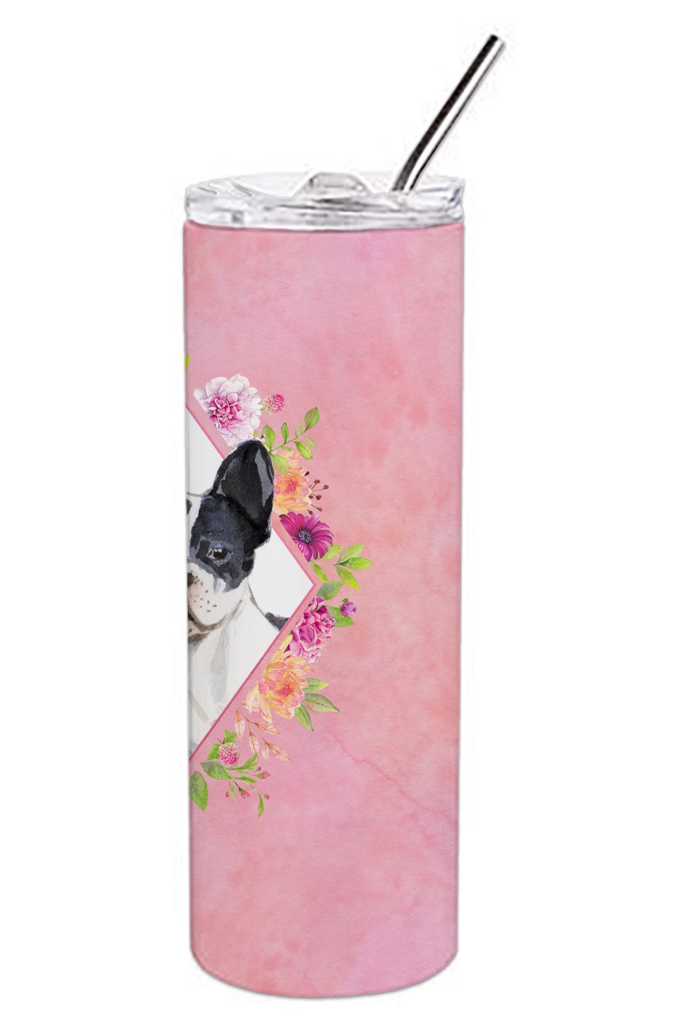 Black and White Frenchie Pink Flowers Double Walled Stainless Steel 20 oz Skinny Tumbler CK4260TBL20 by Caroline's Treasures