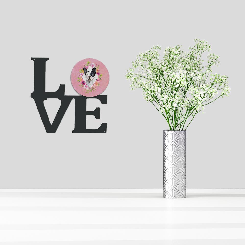 Black and White Frenchie Pink Flowers Metal Wall Artwork LOVE CK4260WALV by Caroline's Treasures