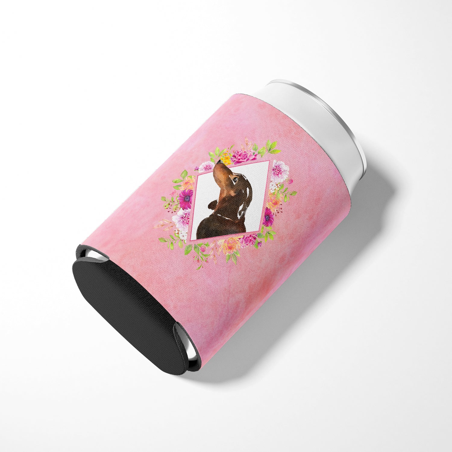 Black and Tan Dachshund Pink Flowers Can or Bottle Hugger CK4262CC