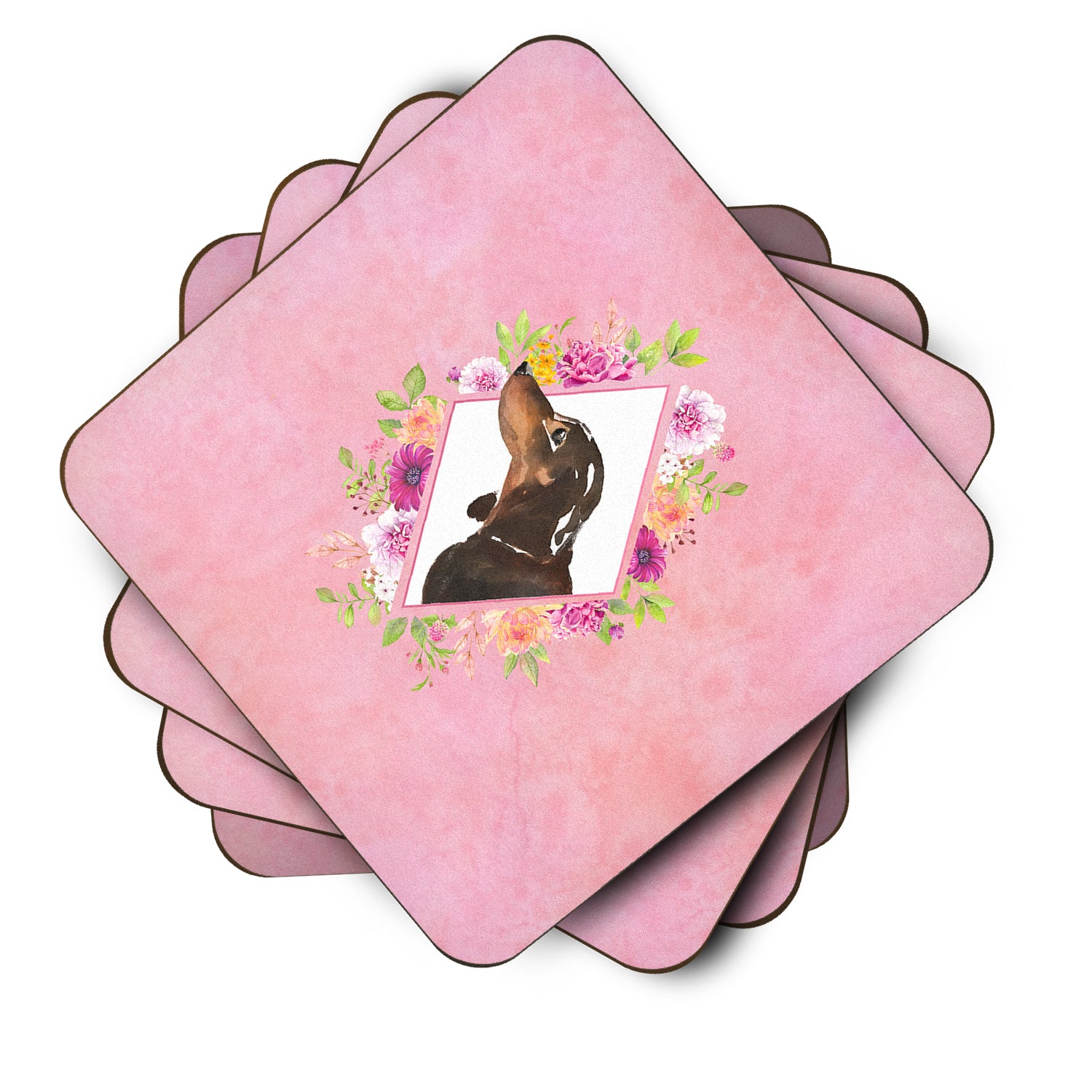 Set of 4 Black and Tan Dachshund Pink Flowers Foam Coasters Set of 4 CK4262FC - the-store.com