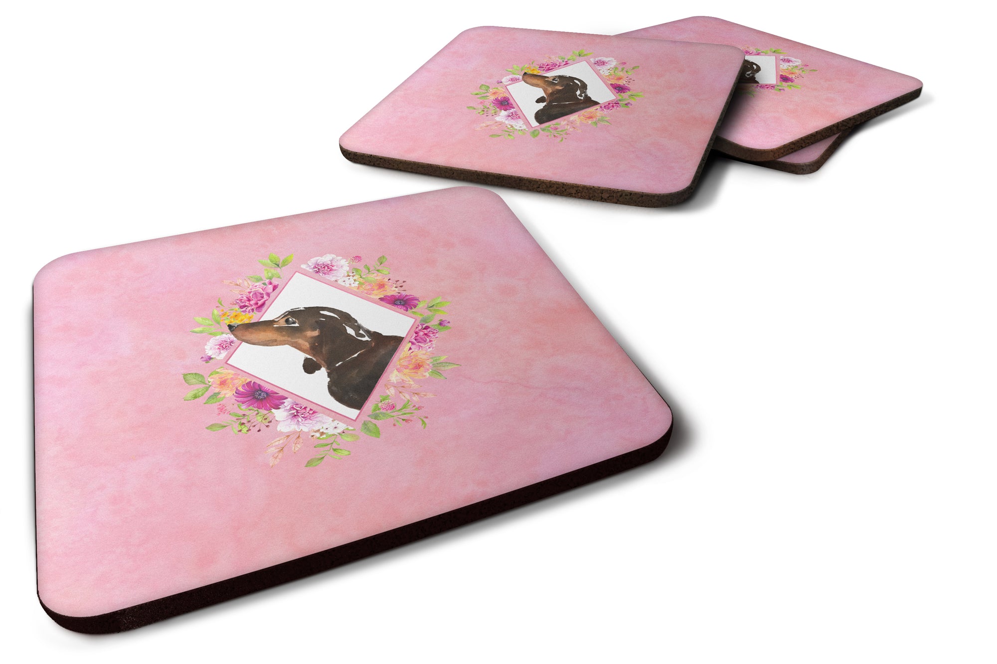 Set of 4 Black and Tan Dachshund Pink Flowers Foam Coasters Set of 4 CK4262FC - the-store.com