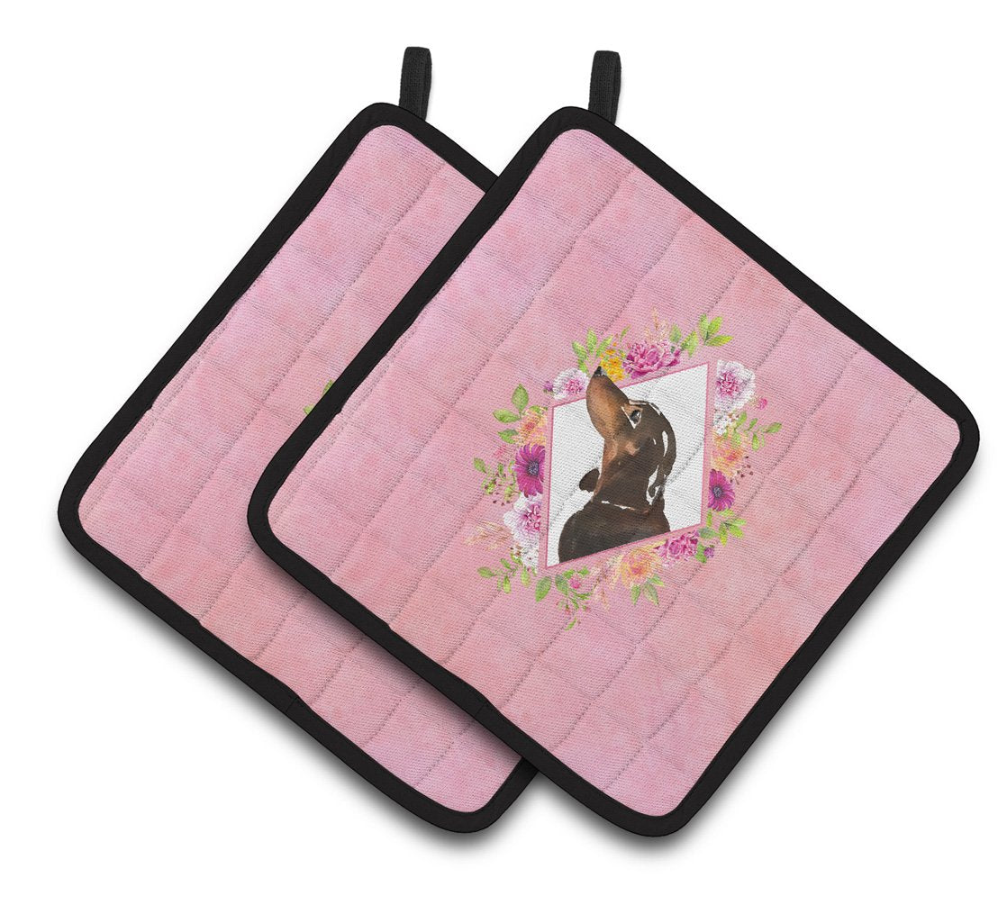 Black and Tan Dachshund Pink Flowers Pair of Pot Holders CK4262PTHD by Caroline&#39;s Treasures