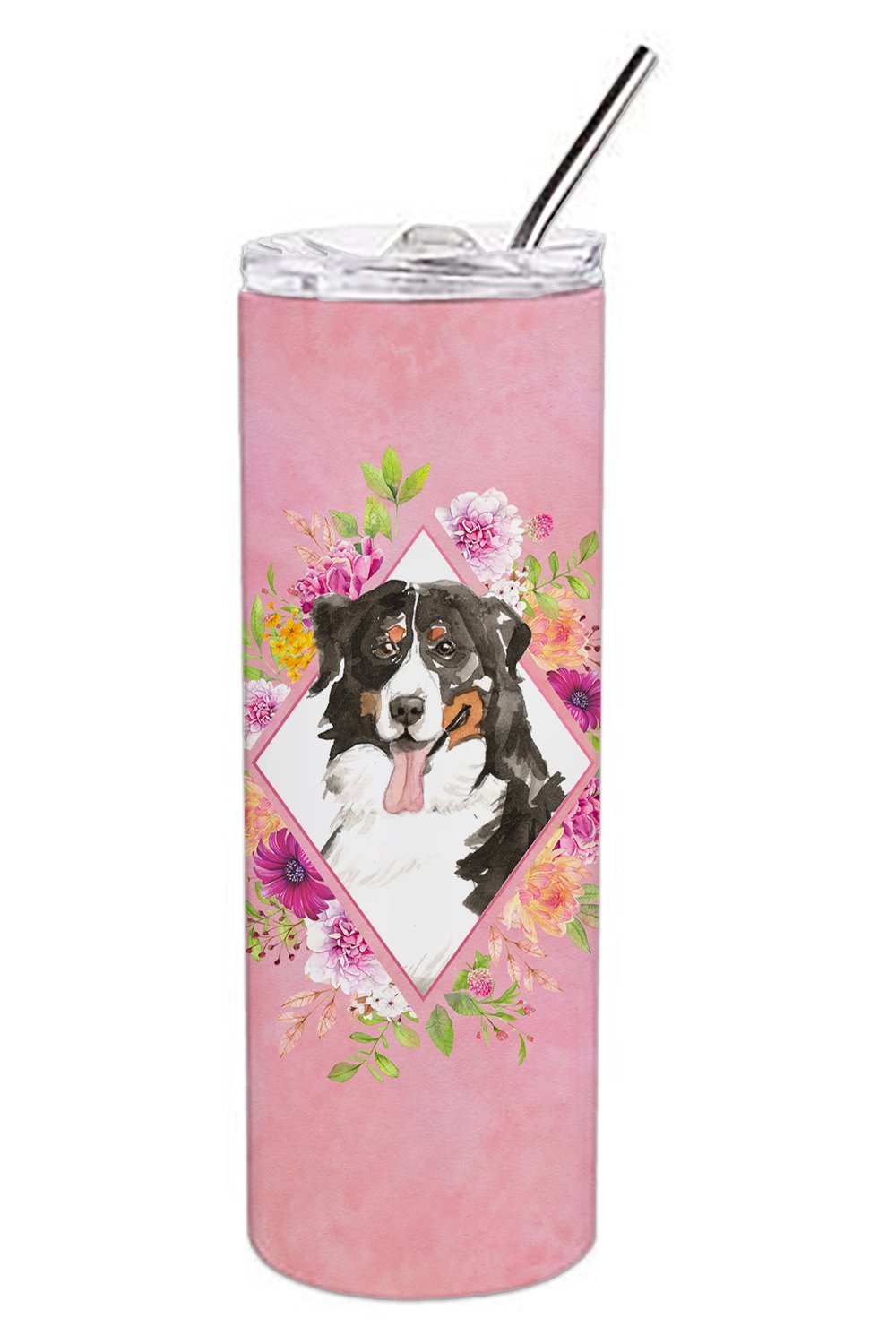 Bernese Mountain Dog Pink Flowers Double Walled Stainless Steel 20 oz Skinny Tumbler CK4264TBL20 by Caroline's Treasures