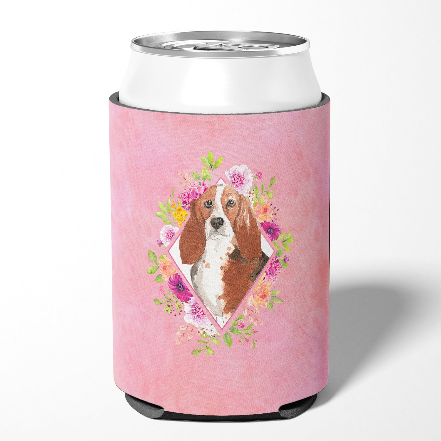 Basset Hound Pink Flowers Can or Bottle Hugger CK4266CC  the-store.com.