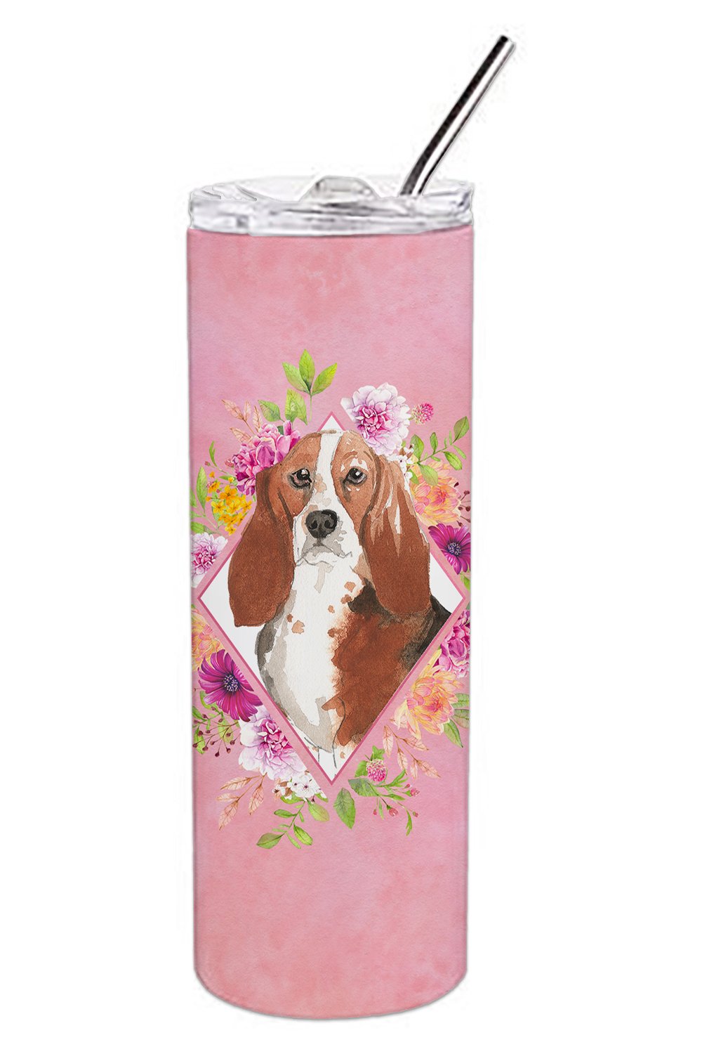 Basset Hound Pink Flowers Double Walled Stainless Steel 20 oz Skinny Tumbler CK4266TBL20 by Caroline&#39;s Treasures