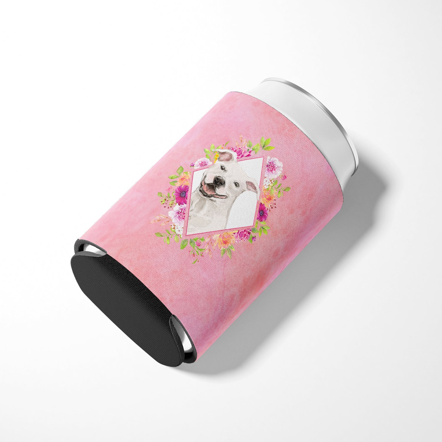 White Pit Bull Terrier Pink Flowers Can or Bottle Hugger CK4268CC