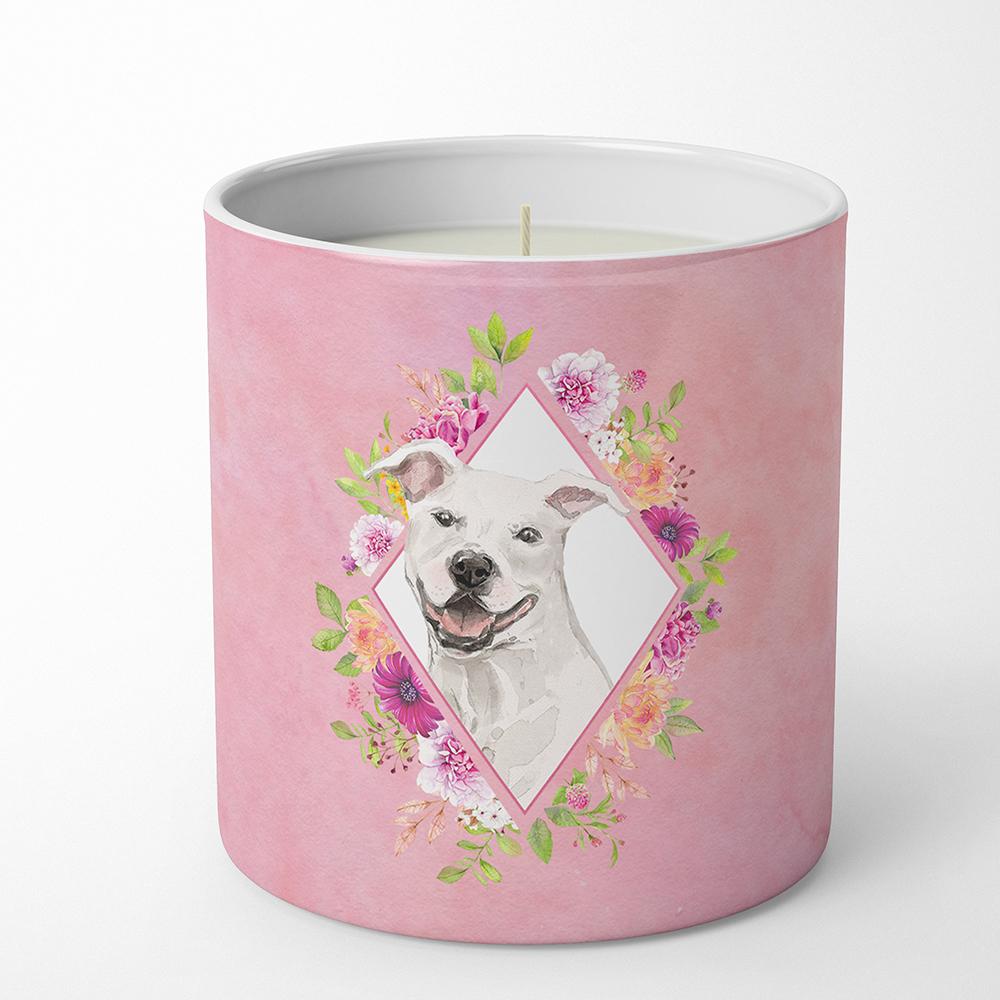 White Pit Bull Terrier Pink Flowers 10 oz Decorative Soy Candle CK4268CDL by Caroline&#39;s Treasures