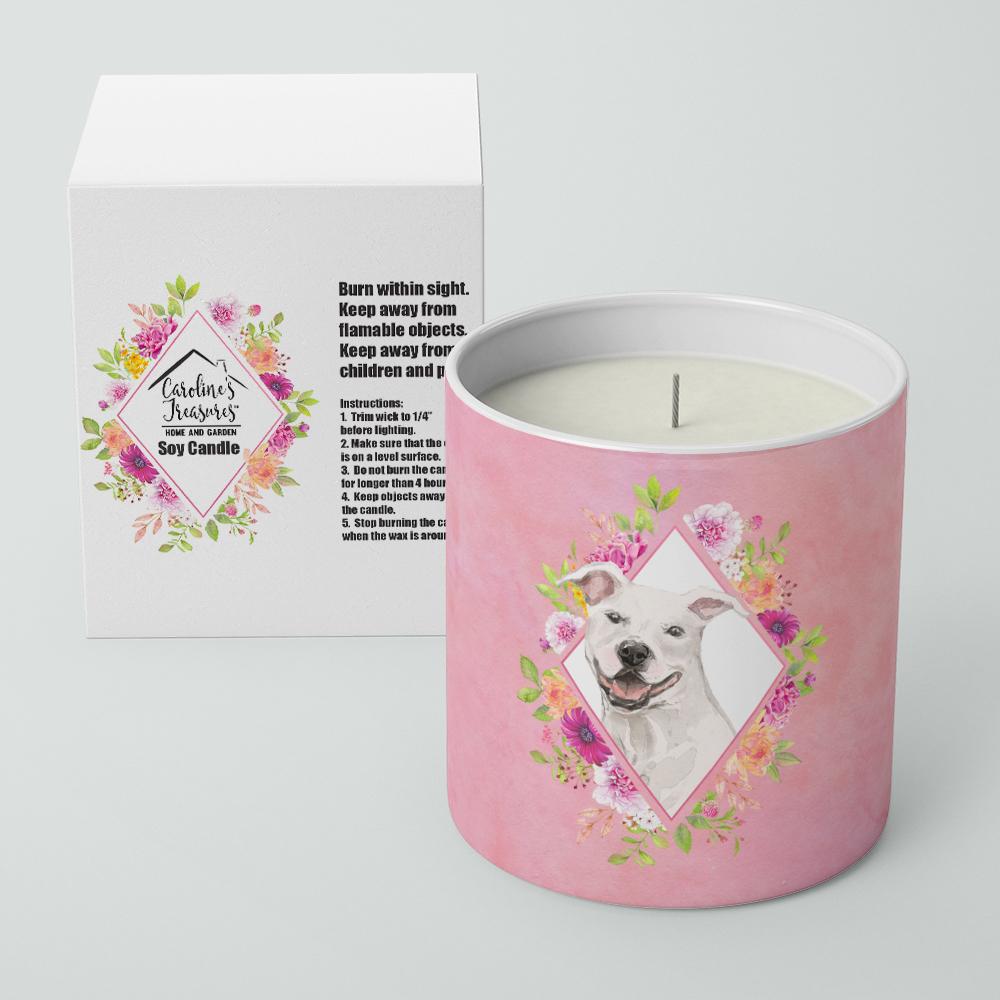 Caroline's Treasures White Pit Bull Terrier Pink Flowers 10 oz Decorative Soy Candle CK4268CDL