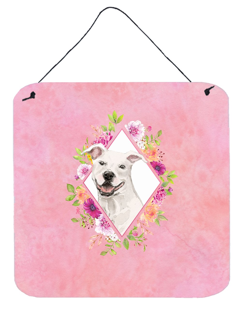 White Pit Bull Terrier Pink Flowers Wall or Door Hanging Prints CK4268DS66 by Caroline&#39;s Treasures