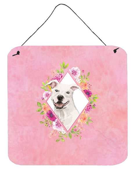 White Pit Bull Terrier Pink Flowers Wall or Door Hanging Prints CK4268DS66 by Caroline's Treasures