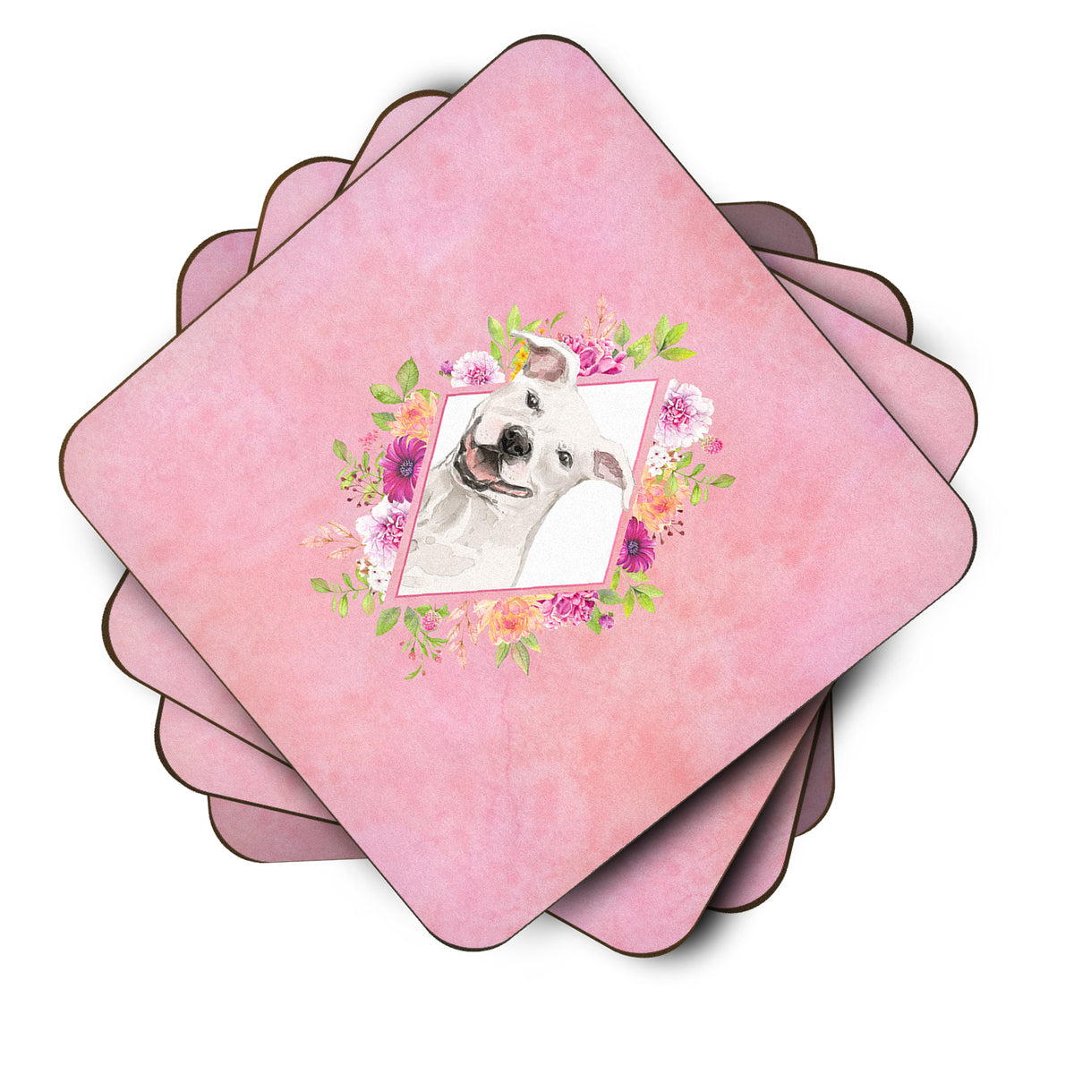 Caroline's Treasures White Pit Bull Terrier Pink Flowers Coasters - Set of 4 Lightweight Foam, Absorbent Drink Coasters CK4268FC