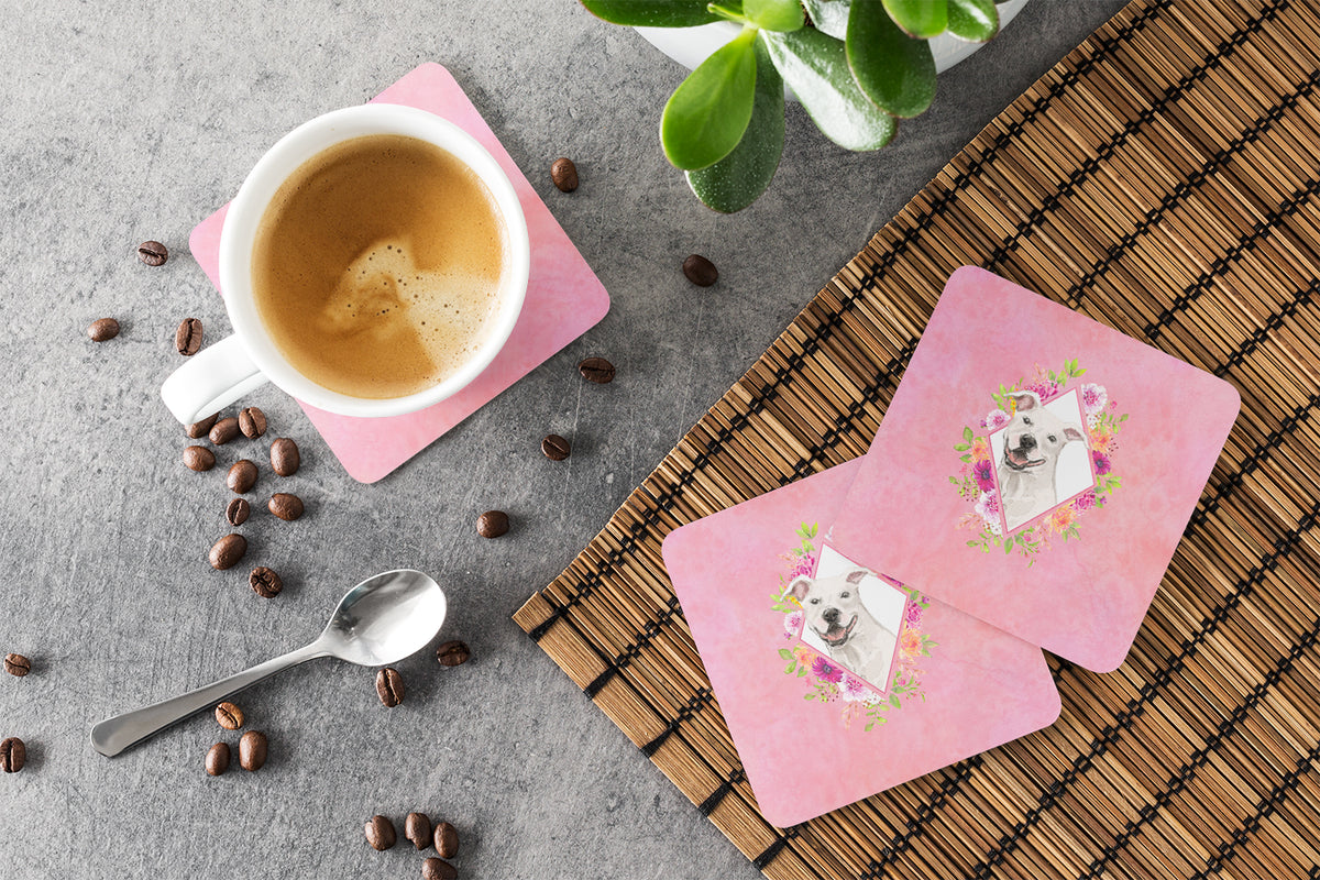 Caroline's Treasures White Pit Bull Terrier Pink Flowers Coasters - Set of 4 Lightweight Foam, Absorbent Drink Coasters CK4268FC