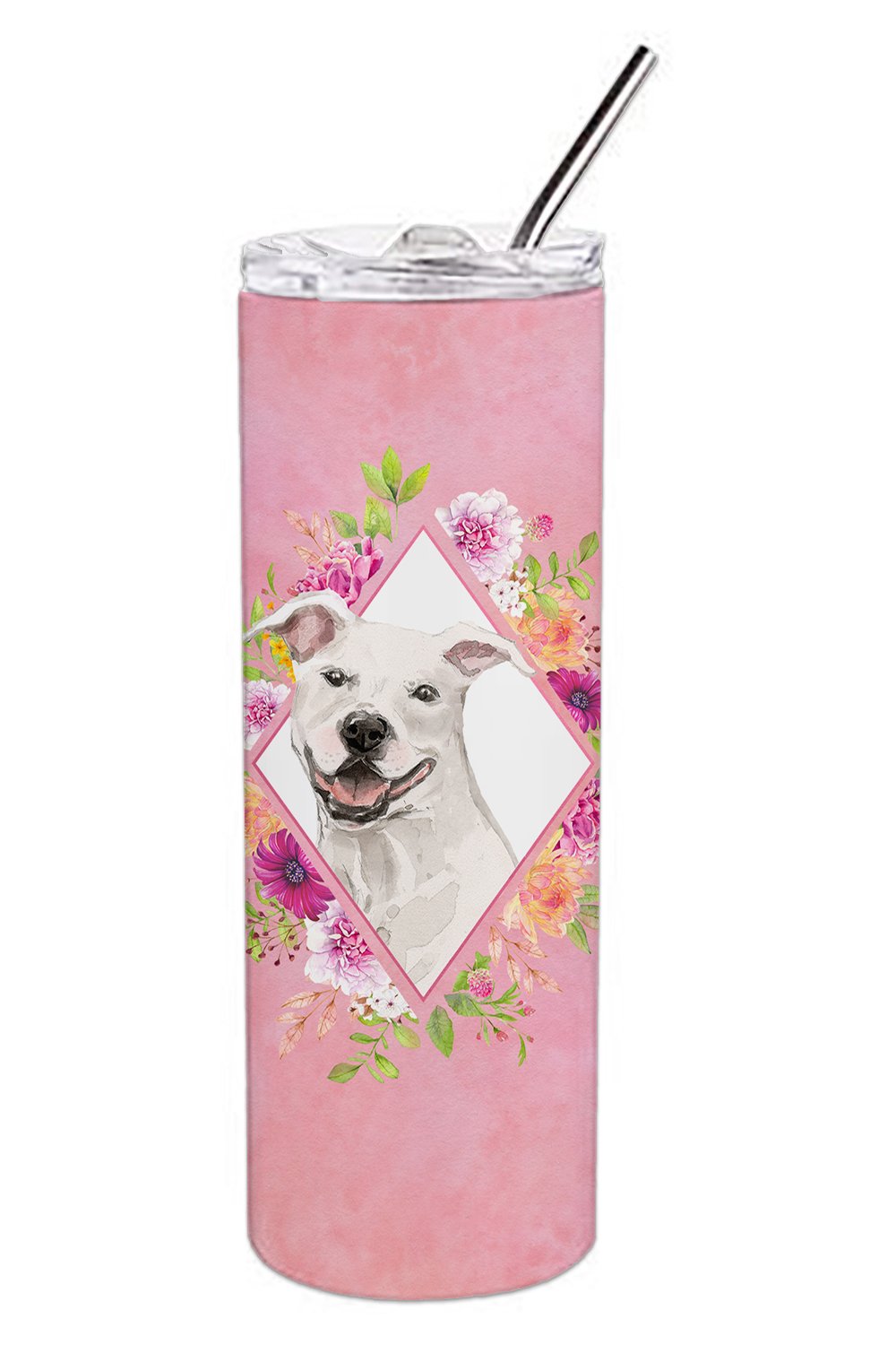 White Pit Bull Terrier Pink Flowers Double Walled Stainless Steel 20 oz Skinny Tumbler CK4268TBL20 by Caroline&#39;s Treasures