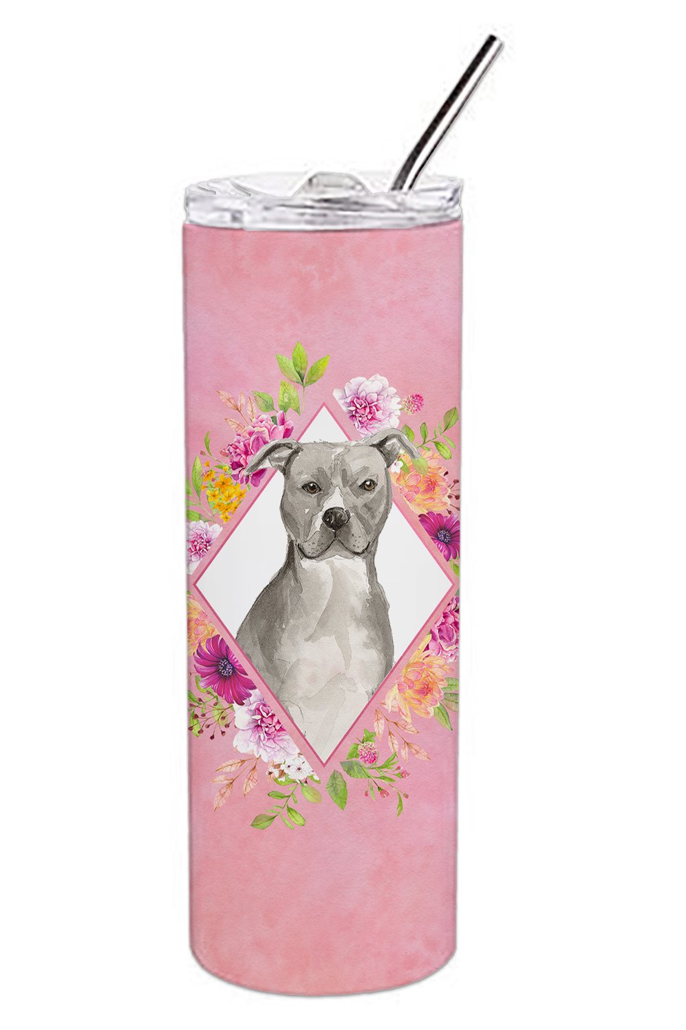 Blue Pit Bull Terrier Pink Flowers Double Walled Stainless Steel 20 oz Skinny Tumbler CK4269TBL20 by Caroline&#39;s Treasures
