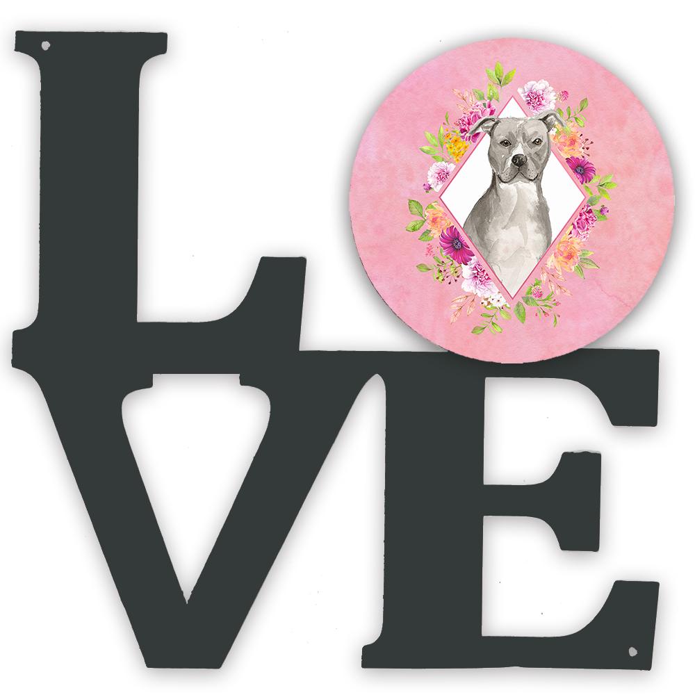 Blue Pit Bull Terrier Pink Flowers Metal Wall Artwork LOVE CK4269WALV by Caroline&#39;s Treasures