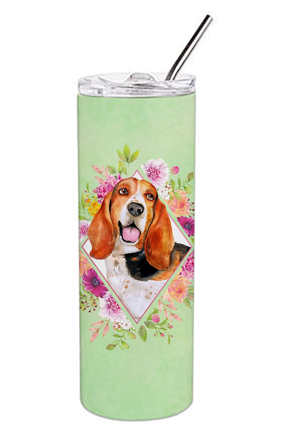 Basset Hound Green Flowers Double Walled Stainless Steel 20 oz Skinny Tumbler CK4276TBL20 by Caroline&#39;s Treasures