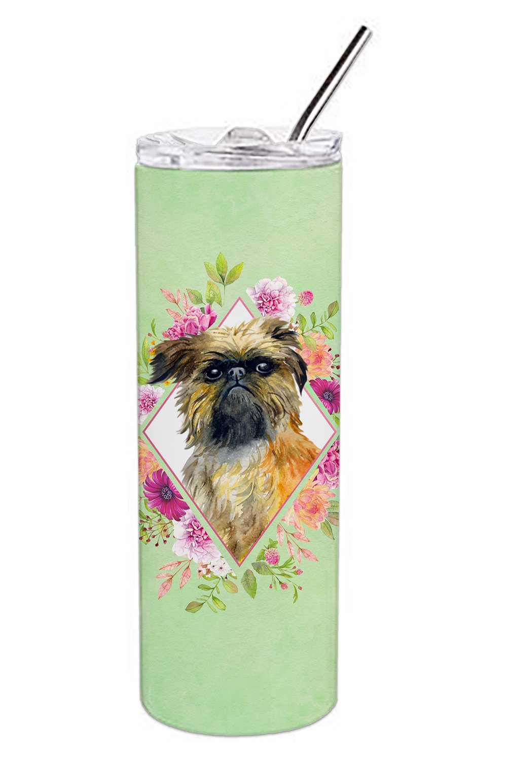 Brussels Griffon Green Flowers Double Walled Stainless Steel 20 oz Skinny Tumbler CK4283TBL20 by Caroline&#39;s Treasures