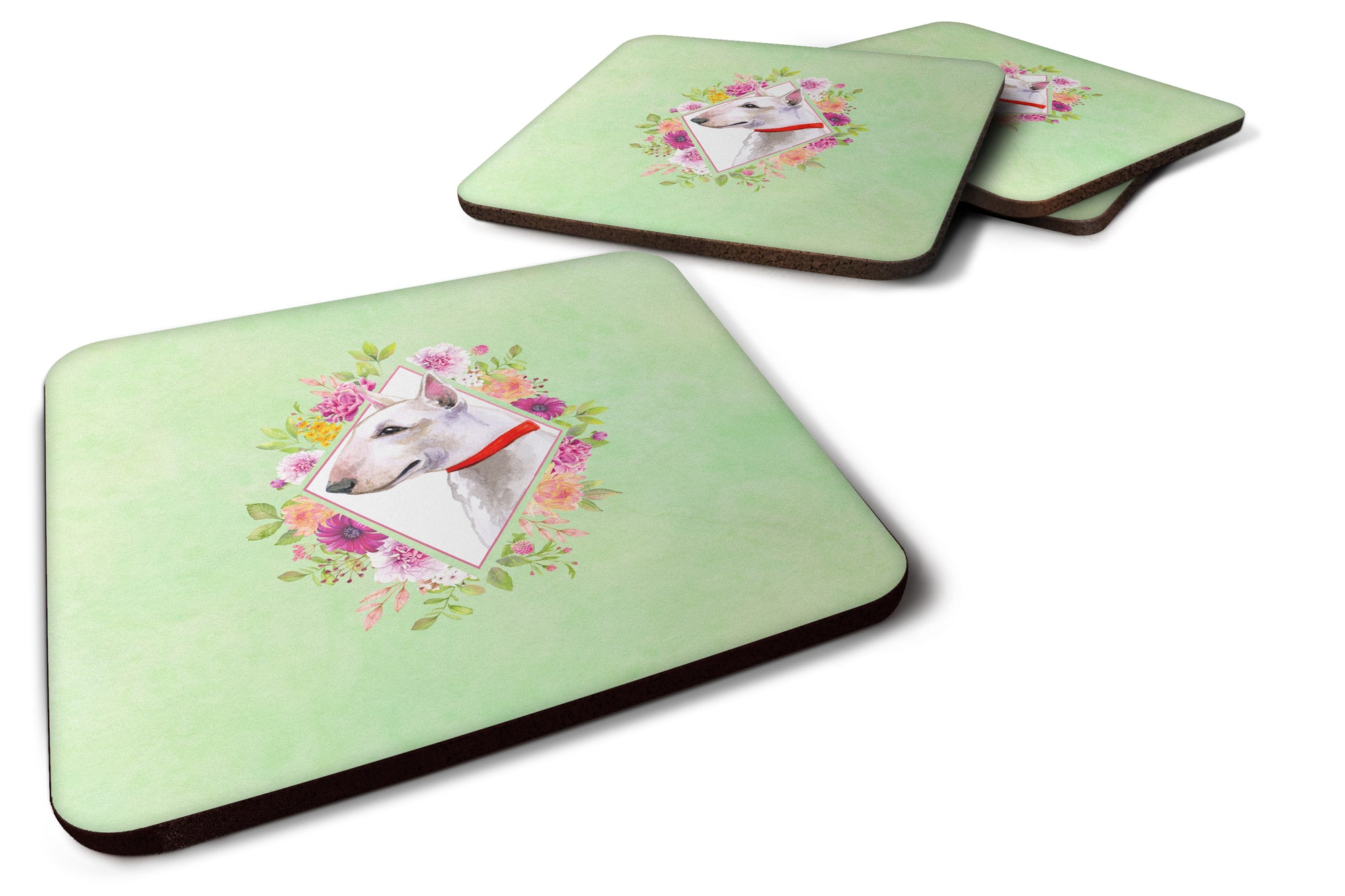 Set of 4 Bull Terrier Green Flowers Foam Coasters Set of 4 CK4284FC - the-store.com