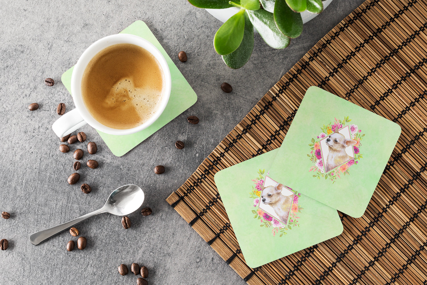 Set of 4 Chihuahua #2 Green Flowers Foam Coasters Set of 4 CK4289FC - the-store.com