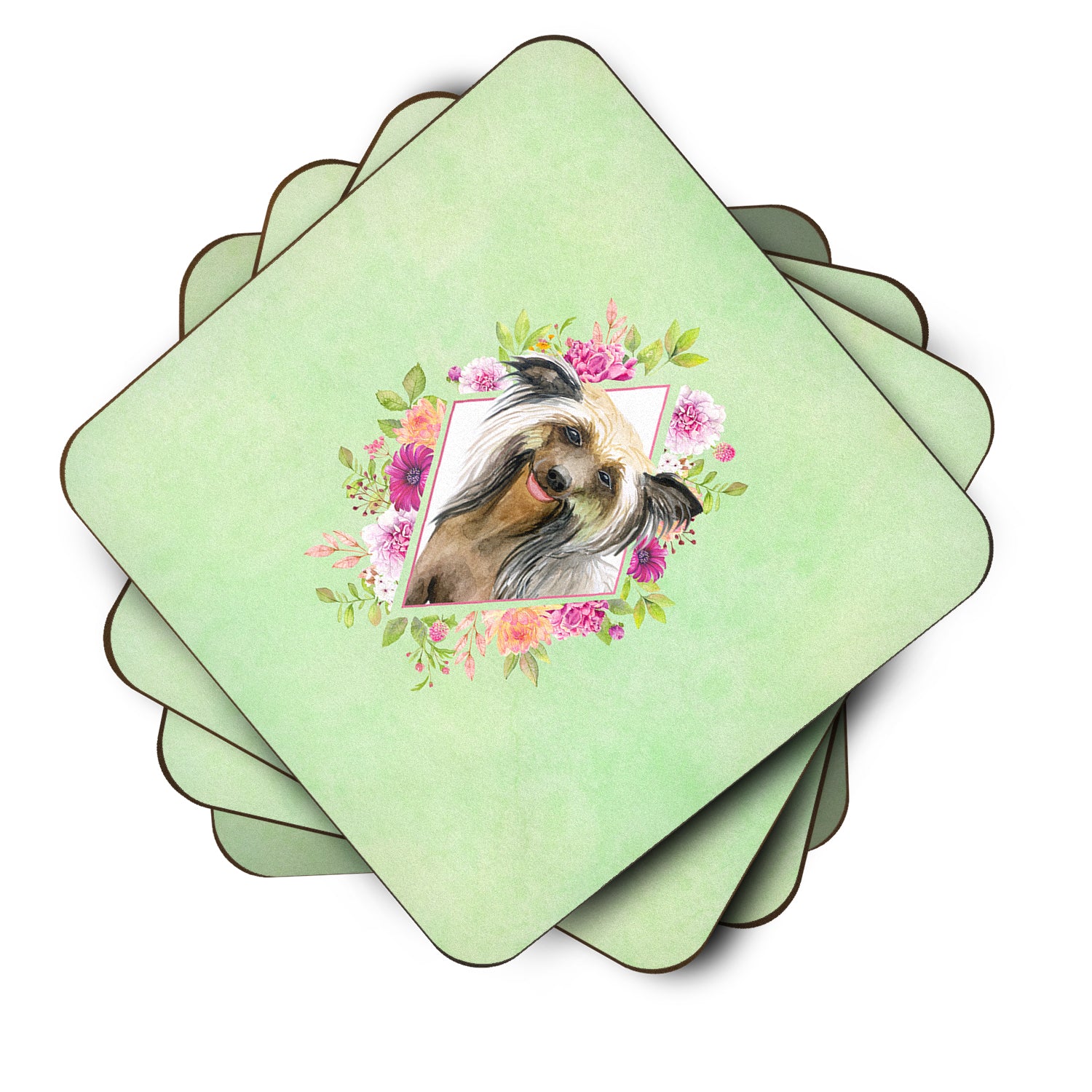 Set of 4 Chinese Crested Green Flowers Foam Coasters Set of 4 CK4290FC - the-store.com
