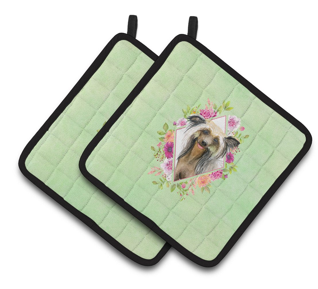 Chinese Crested Green Flowers Pair of Pot Holders CK4290PTHD by Caroline&#39;s Treasures