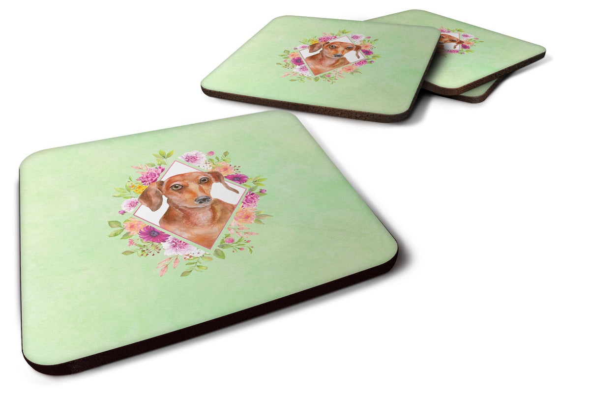 Set of 4 Dachshund Red #2 Green Flowers Foam Coasters Set of 4 CK4295FC - the-store.com
