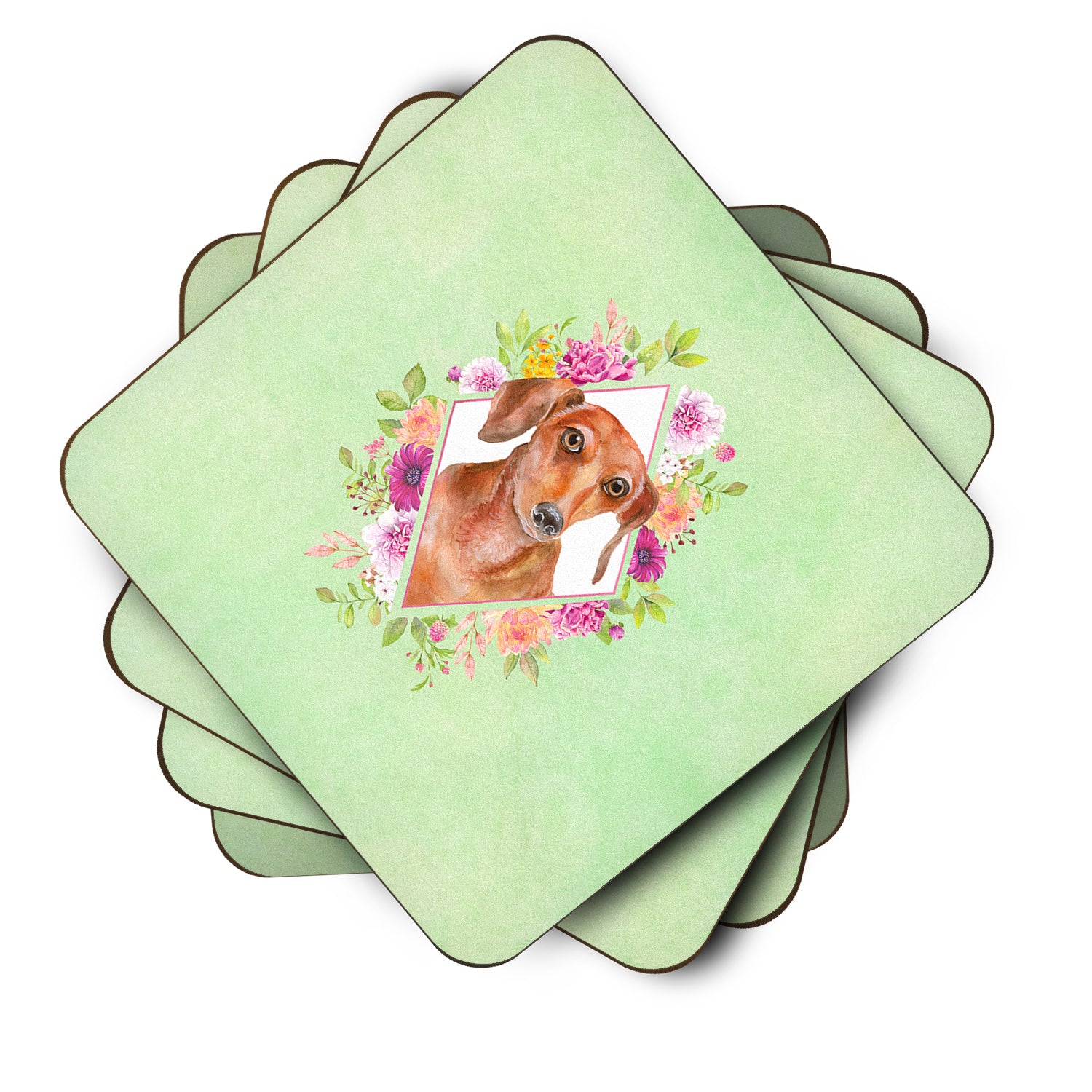 Set of 4 Dachshund Red #2 Green Flowers Foam Coasters Set of 4 CK4295FC - the-store.com