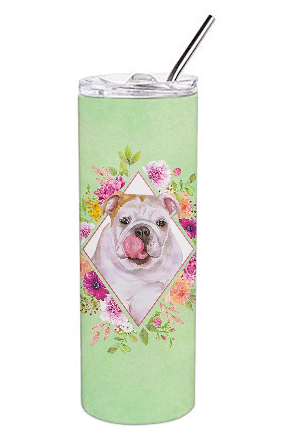 English Bulldog Green Flowers Double Walled Stainless Steel 20 oz Skinny Tumbler CK4300TBL20 by Caroline&#39;s Treasures