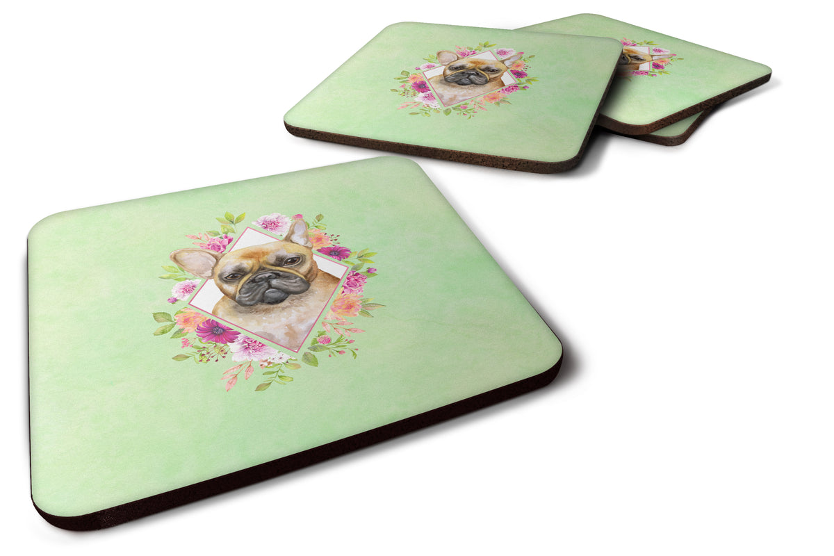 Set of 4 Fawn French Bulldog Green Flowers Foam Coasters Set of 4 CK4304FC - the-store.com